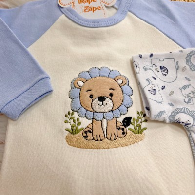 Conj. de Malha 3 peças - Leãozinho com Jubinha e Safari - Azul Bebê